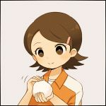  1girl ayu_(mog) black_border blush border brown_eyes brown_hair bust hair_ornament inazuma_eleven inazuma_eleven_(series) kino_aki lowres rice short_hair simple_background smile solo 