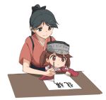  2girls black_eyes black_hair blush brown_eyes brown_hair calligraphy_brush houshou_(kantai_collection) japanese_clothes kantai_collection kisetsu long_hair lowres multiple_girls paintbrush ponytail ryuujou_(kantai_collection) short_hair smile teaching translation_request twintails visor_cap writing younger 