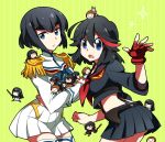  aosa_(michikusakan) black_hair blue_eyes chibi_inset dress epaulettes junketsu kill_la_kill kiryuuin_satsuki mankanshoku_mako matoi_ryuuko midriff minigirl school_uniform scissor_blade senketsu serafuku short_hair single_glove skirt suspenders sword weapon 