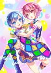  1boy 1girl bare_shoulders blue_eyes blue_hair blush boots braid carrying checkered checkered_legwear crossdressinging dorothy_west dress epaulettes leona_west looking_at_viewer male mole open_mouth pink_eyes pink_hair puri_para short_hair skirt smile thighhighs trap yumekui 