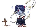  1girl bare_shoulders blue_hair blue_skin cross detached_collar detached_sleeves grave hair_over_one_eye leviathan_(skullgirls) long_hair long_skirt musical_note no_shoes red_eyes side_ponytail sienna_contiello singing skirt skullgirls solo squatting stitched_mouth striped striped_legwear striped_sleeves yuriyuri_(ccc) zombie 