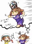  :3 alternate_costume ball batsubyou blush_stickers bow brown_hair cat comic error_musume girl_holding_a_cat_(kantai_collection) gloves green_eyes hair_bow hair_ribbon hat headgear highres holding kantai_collection mutsu_(kantai_collection) referee ribbon short_hair soccer_ball soccer_uniform sportswear sweat tanaka_kusao translation_request twintails whistle white_gloves 