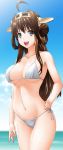  1girl :d absurdres ahoge bikini blue_eyes breasts brown_hair byeontae_jagga cleavage hand_on_hip highres kantai_collection kongou_(kantai_collection) large_breasts long_hair navel open_mouth side-tie_bikini smile solo strap_gap swimsuit 