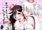  2girls :3 animal_ears bare_shoulders black_hair black_wings blush blush_stickers breasts brown_eyes closed_eyes collarbone detached_sleeves flower furyouhin_(bubumelon) hand_on_head hat highres inubashiri_momiji licking multiple_girls pink_background pom_pom_(clothes) saliva saliva_trail shameimaru_aya short_hair silver_hair simple_background tokin_hat tongue tongue_out touhou translation_request wings wolf_ears yuri 