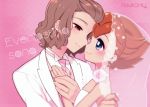  2boys bare_shoulders blue_eyes brown_hair choker crossdressinging dress english formal heart inazuma_eleven_(series) inazuma_eleven_go jewelry male matsukaze_tenma multiple_boys necktie pink_background red_eyes ring shindou_takuto smile suit tooru veil wedding_dress yaoi 