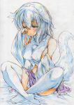  1girl absurdres animal_ears bare_shoulders breasts colored_pencil_(medium) commentary_request detached_sleeves highres indian_style inubashiri_momiji kitazinger long_sleeves navel rubbing_eyes shirt sideboob silver_hair sitting skirt solo tail thigh-highs touhou traditional_media white_legwear wide_sleeves wolf_ears wolf_tail 