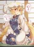  1girl ? blonde_hair blush breasts dress fang fox_tail hat hat_with_ears highres large_breasts long_sleeves looking_at_viewer multiple_tails open_mouth seiza sitting solo spoken_question_mark tabard tail tamahana touhou white_dress wide_sleeves yakumo_ran yellow_eyes 