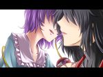  2girls black_hair eyelashes frilled_collar incipient_kiss komeiji_satori letterboxed lips long_hair m.u.g.e.n multiple_girls nontraditional_miko original purple_hair samuimu scar sendai_hakurei_no_miko short_hair sideways_mouth third_eye touhou yuri 