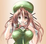  1girl akure_ekuto alternate_eye_color alternate_hairstyle braid breasts chinese_clothes green_hat hair_ribbon hair_tussle hand_on_own_chest highres hong_meiling large_breasts long_hair looking_at_viewer pov pov_eye_contact puffy_short_sleeves puffy_sleeves redhead ribbon short_sleeves star tangzhuang touhou tress_ribbon twin_braids twintails white_blouse yellow_eyes 