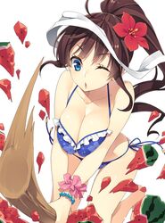  1girl bikini blue_bikini blue_eyes breasts brown_hair cleavage flower food frilled_bikini frills fruit hair_flower hair_ornament long_hair mmu official_art one_eye_closed ponytail side-tie_bikini solo stick suikawari swimsuit watermelon 