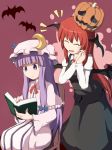  2girls bat book capelet chair closed_eyes coat commentary_request crescent demon_girl demon_wings dress halloween hands_clasped head_wings jack-o&#039;-lantern juliet_sleeves koakuma long_sleeves mob_cap multiple_girls nikori open_clothes open_coat open_mouth patchouli_knowledge puffy_sleeves pumpkin_hat purple_hair redhead shirt sitting skirt skirt_set smile striped striped_dress touhou vest violet_eyes wings 