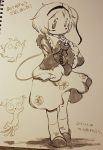  1girl :&gt; dated hairband heart kaenbyou_rin kaenbyou_rin_(cat) karaagetarou komeiji_satori monochrome photo reiuji_utsuho reiuji_utsuho_(bird) short_hair signature sketch skirt slippers smile socks third_eye touhou traditional_media 