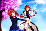  2girls bow cherry_blossoms closed_eyes crossed_legs crossover drum drumsticks electricity hand_on_own_chest horikawa_raiko instrument jacket lightning look-alike looking_at_viewer love_live!_school_idol_project multiple_girls necktie nishikino_maki open_mouth red_eyes redhead school_uniform shirt short_hair sitting skirt smile touhou 