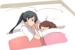  2girls black_eyes black_hair blush brown_hair closed_eyes houshou_(kantai_collection) kantai_collection kisetsu long_hair multiple_girls ponytail ryuujou_(kantai_collection) sleeping smile twintails visor_cap younger 