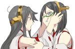  2girls bare_shoulders black_hair brown_hair detached_sleeves face_grab green-framed_glasses haruna_(kantai_collection) kantai_collection kirishima_(kantai_collection) long_hair multiple_girls nontraditional_miko r_left short_hair squeezing 