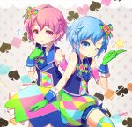  1boy 1girl ;d blue_eyes blue_hair blueberry_(5959) blush bow braid checkered checkered_legwear dorothy_west dress gloves hair_bow highres leona_west looking_at_viewer male mole mole_under_eye open_mouth pink_eyes pink_hair puri_para short_hair shorts smile sweatdrop trap wink 