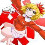  1girl aki_shizuha aono3 ass barefoot blonde_hair blush dutch_angle long_sleeves no_pants panties pink_panties smile solo striped striped_panties touhou translated underwear yellow_eyes 