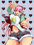  1girl blush breasts finger_gun headphones large_breasts long_hair looking_at_viewer navel nitroplus open_mouth pink_hair red_eyes smile solo super_sonico tachibana_nijou 