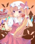  1girl :d apple ascot bite_mark blonde_hair carrying fang flandre_scarlet food fruit halloween highres holding irone_(miyamiya38) long_hair looking_at_viewer mob_cap open_mouth orange_eyes side_ponytail smile solo touhou wings wrist_cuffs 