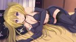 1girl :p babydoll belt black_gloves black_legwear blonde_hair blush breasts choker cleavage elbow_gloves gloves kazenokaze lieselotte_sherlock long_hair looking_at_viewer lying navel on_bed on_side pillow short_shorts shorts solo thigh-highs tongue tongue_out trinity_seven twintails violet_eyes 