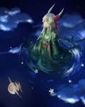  1girl closed_eyes clouds ex-keine expressionless flower from_above full_moon ginryuu green_hair hair_flower hair_ornament highres horn_ribbon horns japanese_clothes kamishirasawa_keine kimono kneeling kneeling_on_water long_hair looking_up moon multicolored_hair night night_sky obi petals reflection ribbon ripples sash sky solo star_(sky) starry_sky streaked_hair touhou very_long_hair water white_hair 