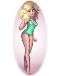 1girl alternate_hairstyle barefoot blonde_hair blue_eyes cheek-to-cheek highres long_hair luma super_mario_bros. one-piece_swimsuit r3dfive rosalina_(mario) solo standing super_mario_bros. super_mario_galaxy swimsuit toes transparent_background 