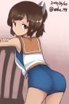  1girl armpits ass bare_shoulders brown_eyes brown_hair cowboy_shot dark_skin dated from_behind highres i-401_(kantai_collection) kantai_collection looking_at_viewer looking_back mku pink_background ponytail sailor_collar smile solo swimsuit swimsuit_under_clothes twitter_username 