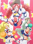  3girls blonde_hair blonde_haired_cure_(bomber_girls_precure)_(happinesscharge_precure!) blue_eyes blue_skirt blush boots cheerleader cosplay cowboy_hat crop_top cure_honey cure_honey_(cosplay) freckles green_eyes grey_hair grey_haired_cure_(bomber_girls_precure)_(happinesscharge_precure!) happinesscharge_precure! hat headband jumping knee_boots long_hair magical_girl midriff mini_hat miniskirt multiple_girls navel pom_poms popcorn_cheer precure red_haired_cure_(bomber_girls_precure)_(happinesscharge_precure!) redhead skirt smile spread_legs star striped striped_background tj-type1 twintails wrist_cuffs yellow_eyes 
