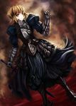  1girl armor armored_dress blonde_hair dark_excalibur dress fate/stay_night fate_(series) highres mafuyu_(867208837) saber saber_alter solo sword weapon yellow_eyes 