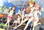  6+girls :d absurdres apron ayase_sayuki bikini bikini_skirt black_hair blue_eyes bow braid breasts brown_eyes cleavage cross-laced_footwear dutch_angle enomoto_kaho flower fujimura_natsuki green_eyes green_hair hair_between_eyes hair_bow hair_flower hair_ornament highres hirosaki_kanade huge_filesize kantoku knees_together_feet_apart leg_up looking_at_viewer minagawa_yuuhi mop multiple_girls one-piece_swimsuit open_mouth orange_hair pink_eyes pink_hair sandals short_twintails side-tie_bikini side_braid side_ponytail sitting smile swimsuit tray twintails yellow_eyes your_diary yua_(your_diary) 