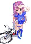  1girl arm_up bangs bicycle bike_jersey bikini_bottom blue_legwear blunt_bangs blush from_above highres hitomi_kazuya long_hair navel open_mouth original purple_hair scrunchie side_ponytail smile solo thigh-highs violet_eyes 