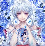  1girl blue_hair blue_rose commentary flower frozen happy japanese_clothes jewelry jigoku_sensei_nube kimono looking_at_viewer payot ring rose short_kimono smile tcb tears violet_eyes wedding_band yukime_(jigoku_sensei_nube) 