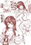  1boy akagi_(kantai_collection) ariga_tou bowl breasts cleavage comic egg food food_on_face kantai_collection long_hair mechanical_halo monochrome multiple_girls rice_bowl short_hair t-head_admiral tatsuta_(kantai_collection) translation_request 