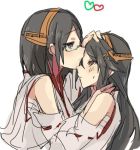  2girls bare_shoulders black_hair brown_hair detached_sleeves forehead_kiss green-framed_glasses haruna_(kantai_collection) kantai_collection kirishima_(kantai_collection) kiss long_hair lowres multiple_girls nontraditional_miko r_left short_hair sweatdrop 