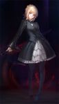  1girl black_legwear blonde_hair dark_excalibur fate/stay_night fate_(series) gothic_lolita lolita_fashion pantyhose saber saber_alter solo sword weapon yellow_eyes yueyue 