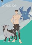  1boy black_hair blue_eyes character_name crossover free! heracross jammers mightyena muscle ronisuke wailord yamazaki_sousuke 