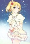  1girl ayase_eli blue_eyes capelet cowboy_shot earrings fur_trim gloves jewelry looking_at_viewer love_live!_school_idol_project lp_(hamasa00) short_hair skirt snow snow_halation solo white_gloves 