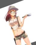  1girl belt blush brown_eyes brown_hair crop_top dutch_angle explosive fio_germi glasses grenade gun handgun hat highres holding jacket long_hair looking_at_viewer metal_slug midriff navel open_clothes open_jacket ponytail ruki_(coo) shirt short_shorts shorts solo standing weapon white_background white_shirt 