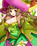  1girl blush braid breasts brown_hair cleavage coat dress fur_trim gloves green_dress green_gloves hair_ornament hat holding large_breasts lisa_(p&amp;d) long_hair long_sleeves mole orange_eyes puzzle_&amp;_dragons solo staff twin_braids very_long_hair vines witch_hat yamanashi_taiki 