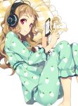  1girl brown_hair cellphone headphones long_hair looking_at_viewer lying mmu official_art on_side pajamas phone pillow red_eyes smartphone smile solo 