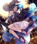  1girl bent_knees black_dress blonde_hair blue_eyes candy cape curly_hair dress dress_lift garter_straps halloween hat kai28 one_eye_closed short_hair smile solo witch_hat 