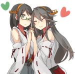  2girls bare_shoulders black_hair brown_hair closed_eyes detached_sleeves green-framed_glasses haruna_(kantai_collection) heart holding_hands kantai_collection kirishima_(kantai_collection) multiple_girls nontraditional_miko one_eye_closed r_left short_hair 
