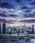  1girl city kazami_(kuroro) looking_away plant potted_plant skirt sky solo wind 