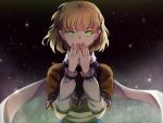  1girl arm_warmers black_background blonde_hair bust covering_mouth green_eyes highres ichi_ran light_particles looking_at_viewer mist mizuhashi_parsee scarf short_hair short_sleeves solo touhou 