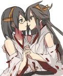  2girls bare_shoulders black_hair brown_hair detached_sleeves face-to-face green-framed_glasses haruna_(kantai_collection) holding_hands incipient_kiss interlocked_fingers kantai_collection kirishima_(kantai_collection) long_hair multiple_girls nontraditional_miko r_left short_hair yuri 