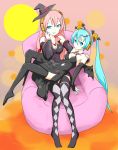  2girls aqua_eyes aqua_hair bat_wings bridal_gauntlets couch detached_sleeves dress grin halloween hand_on_another&#039;s_shoulder hat hatsune_miku headphones long_hair megurine_luka multiple_girls pink_hair sitting sitting_on_lap sitting_on_person smile thigh-highs twintails very_long_hair vocaloid wings witch_hat yuta1147 