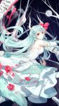  1girl alternate_costume branch dress ex-keine fancybetty flower full_moon gloves green_hair highres horns kamishirasawa_keine long_hair looking_at_viewer moon night polearm red_eyes scroll solo spear tail touhou tree weapon white_dress 