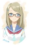  1girl ayase_arisa bespectacled blonde_hair blue_eyes blush bust character_name glasses hair_ornament hayashi_kewi long_hair love_live!_school_idol_project school_uniform serafuku sketch smile solo 