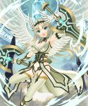  1girl :o blonde_hair blue breasts cleavage clouds dual_wielding fingerless_gloves gloves head_wings highres long_hair looking_at_viewer navel navel_cutout nokia_(harusion) original reverse_grip sky solo sword thigh-highs vambraces weapon white_gloves white_legwear wings 
