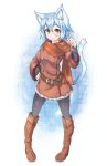  1girl animal_ears belt blue_hair blush boots brown_boots cat_ears cat_tail coat fur_trim hand_on_hip long_sleeves looking_at_viewer open_mouth original pantyhose pigeon-toed ryota_tentei scar scarf short_hair solo tail tora_tentei yellow_eyes 